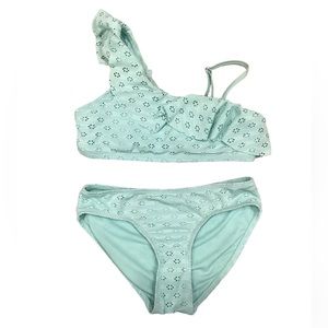 Justice Sea foam Green Eyelet Lace 2 Piece Bikini | girls 10 | ruffle summer